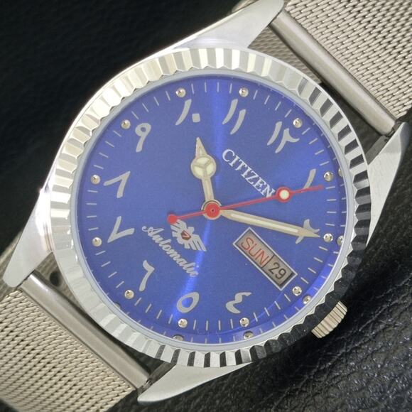 Vintage 1975 Arabic Citizen Automatic Mens Silver Watch W/daydate & Blue accents